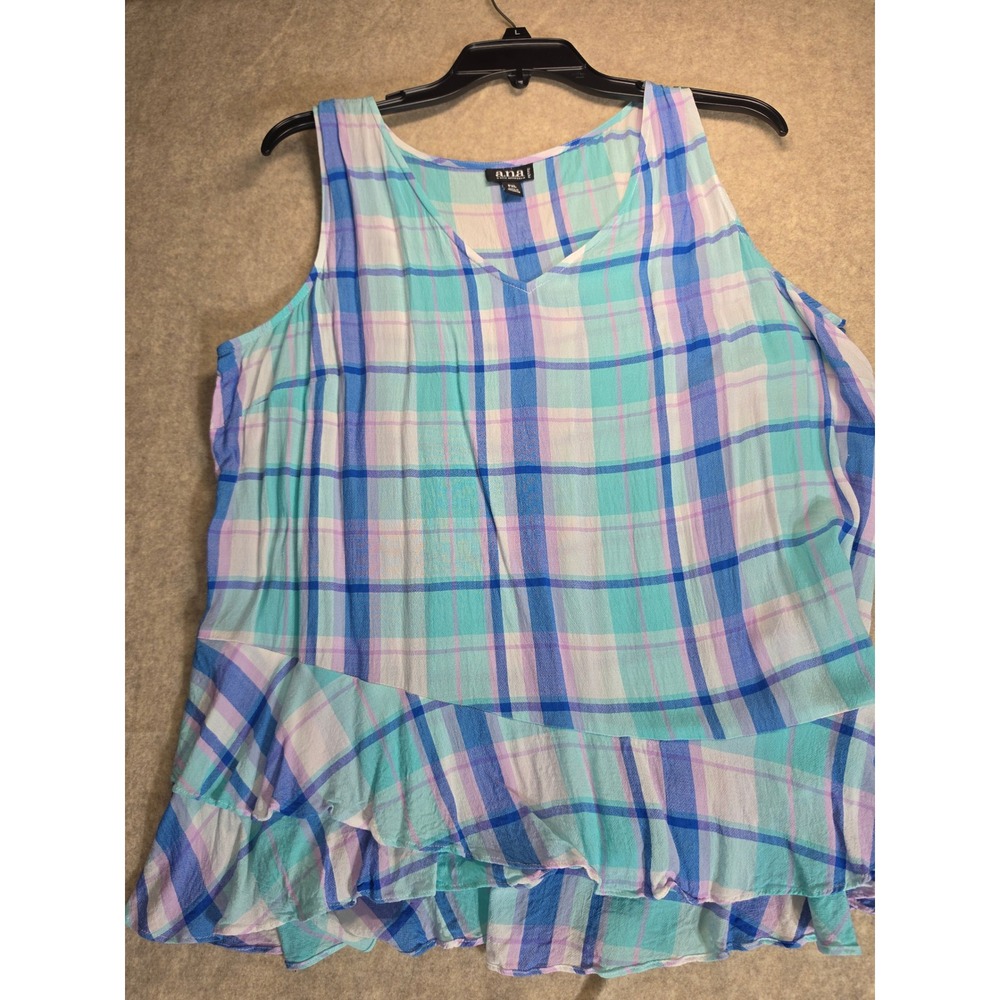 a.n.a A New Approach Plaid Sleeveless V-Neck Ruffle Hem‎ Blouse Blue Teal PXL